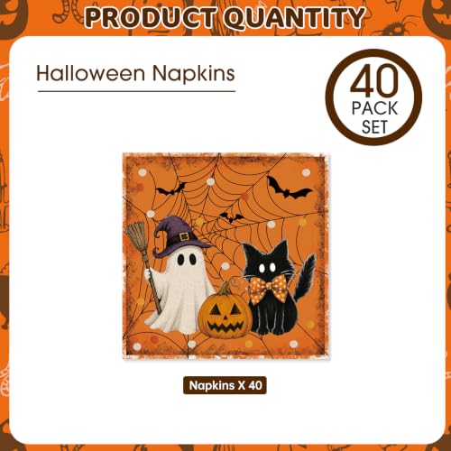 40 Pcs Halloween Paper Napkins - Disposable Orange Cute Ghost Pumpkin Black Cat Cocktail Dinner Napkins for Halloween Party Decorations Supplies Table Decor Favors, 6.5 x 6.5 Inch — view 5
