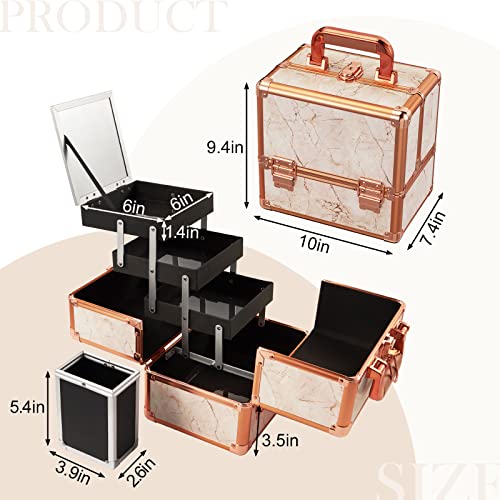 Costravio Makeup Train Case Rose Gold Cosmetic Box With Mirror & Brush Holder Home Or Travel Organizer For Make-Up And Jewelry Storage Box With 3-Tier Tackle Trays Portable Lockable Golden Marble #TOP6