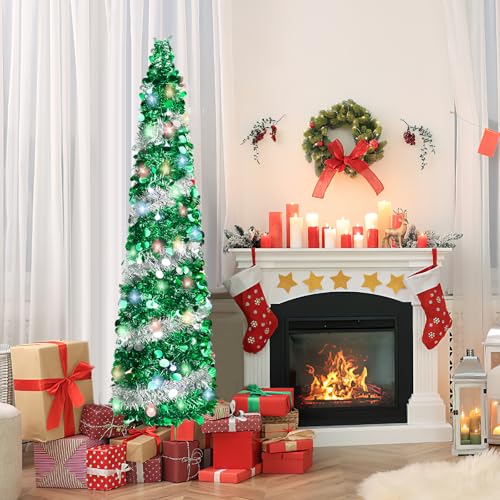 QBA 5FT Pop Up Christmas Tree with 90 Lights, Collapsible Tinsel Xmas Tree Skinny Pencil Tree for Home Office Dorm Apartment Shop Party Decorations, Green Silver