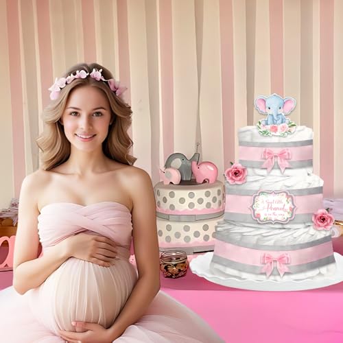CORNER LACE Baby Shower Pink Elephant Diaper Cake Decorations, Newborn Baby Girl Birthday Party Diaper Cake Supplies Kit, Include Ribbon, Bow Tie, Cake Toppers, Artificial Flowers(Diaper Not Included)