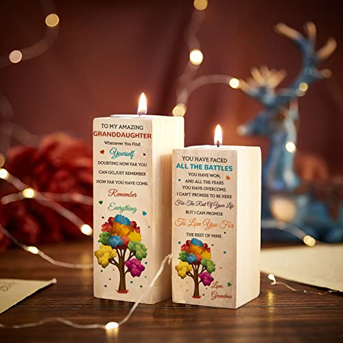 Superdant To My Granddaughter Personalized Tealight Candle Holder Rainbow Wooden Candlestick Holders Tree Decorative Tea Light Candle Holder Set For Grandparents To Granddaughter Gifts #TOP3