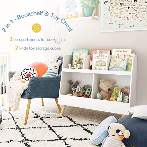 Curipeer Kids Bookshelf and Toy Organizer, 5 Cubbies Wooden Open Bookcase, 2-Tier Baby Storage Display Organizer with Legs, Free Standing Bookshelf for Playing Room, Bedroom, Nursery, White