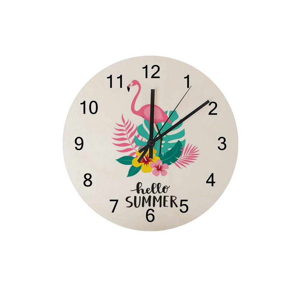Horloge murale en bois Hello Next Season ronde motif flamant rose silencieuse CHEHONG