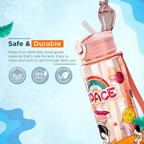 Image of BAYBEE Galaxy Kids Water Bottle 800ml | Leak-Proof Baby Sipper Bottle with Flip Lock Lid & Silicone Straw | BPA-Free School Water Bottle for Boys & Girls, Drinking Training Sipper Bottle Kids (Pink)