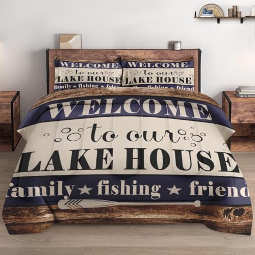 WeCozy Queen Size Comforter Set with 2 Pillowcases, Welcome Lake House 3 Pcs Bedding for Kids and Adults, Woodboard Family Fishing Cabin Soft Comforter Set for Bedroom Bed Decor