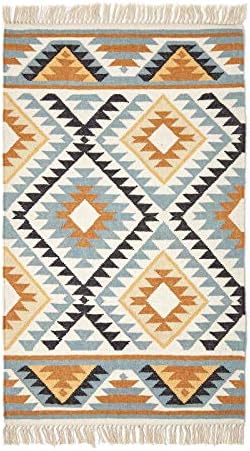 HOMESCAPES Agra Gold, Silver & Black Handwoven Kilim Rug for Living Room Diamond Pattern Wool Rug with Fringe, 160 x 230 cm