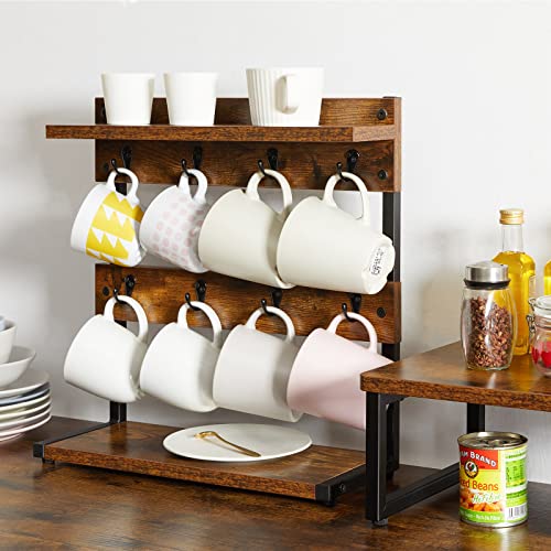 Ibuyke Rustic Coffee Mug Holder Stand, 2 Tier Countertop Mug Tree Holder Rack With Storage Base, Vintage Mug Holders For Kitchen, Holds 8 Mugs, Rustic Brown Utbj002H #TOP2