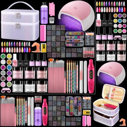 Nail Kit for Beginners, Acrylic Powder Liquid Set with Drill Lamp, Silver