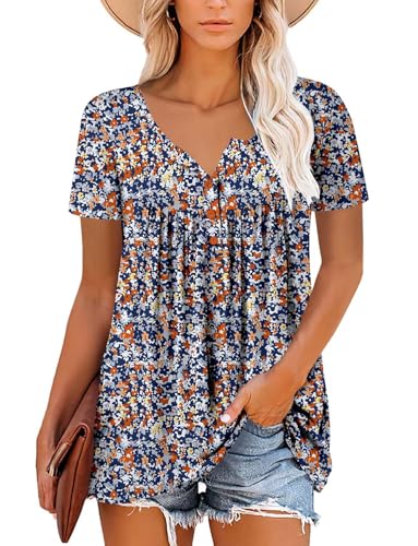 Image of Magritta Womens Tunic Tops Short Sleeve Shirt Ladies Summer V Neck T Shirt Blouse Floral Printed Ruffle Swing Tops for Women Orange Floret Medium