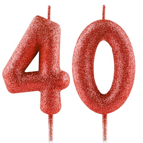 FUNCANDLE 2.36inch Glitter Red Birthday Candles,Number 40 Candle,Happy 40th Birthday Candles fors Cake Topper Men Women Party Celebration Anniversary Decoration