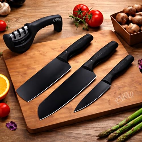 Image of PARYO Kitchen Knife Set 3-Piece with Knife Sharpener Tool, Stainless Steel Chef Knives, Sharp Cutting Knives for Kitchen, Vegetable, Fruit & Meat Cutting (3 Knife Set + Knife sharpner)