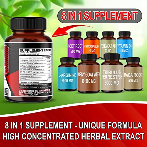 Aumeto 8In1 Ultra Test Support 16540Mg W Tribulus Terrestris L-Arginine Maca Root Tongkat Ali Beet Root Vit D3 - Energy Workout Muscle Strength Support 90 Capsules (90 Count (Pack Of 1)) #TOP2