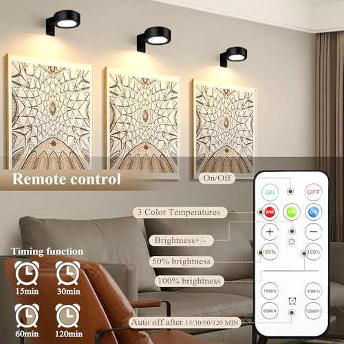 Bildbeleuchtung Kabellos mit Fernbedienung,3 Stück Magnetisches LED Bilderleuchte Dimmbar & Wiederaufladbar,Bild Licht 3 Lichtfarben,Bilderrahmen Licht,Bilderlampe für Wand,Regal,Bilder (Gewöhnlich)