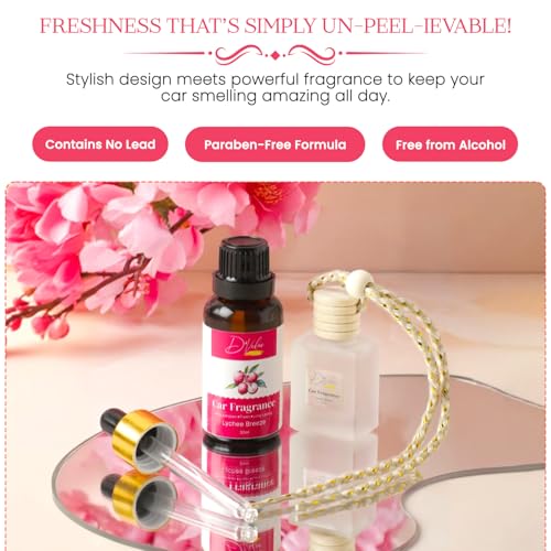 Image of D'Velas 40ml Car Freshener Diffuser Set- Long-Lasting Upto 120 Days | Lychee Breeze | No Paraben | 10ml Wooden Lid Bottle with 30ml Refill | Perfume Diffuser | Odor Eliminator for Car Interior