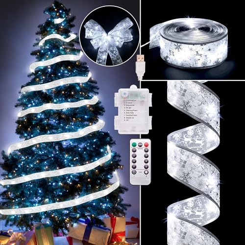Vimorg Christmas Decorations, 2.5Inch x 33Ft 100 Led Christmas Tree Ribbon Lights with Remote Control, Battery Operated & USB Powered 8 Lighting Modes Fairy String Lights with Timer for Xmas Decor