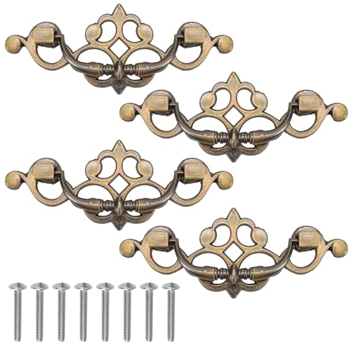 KH866 4 Pack 3.25 C-C (3-1-4 Centers) Antique Bronze Bail Drawer Pull Drop Swing Handles Dresser Knob Hardware Handle for Door, Desk, Furniture, Vintage Closet, Cupboard, Bedroom, 82 mm Hole Center