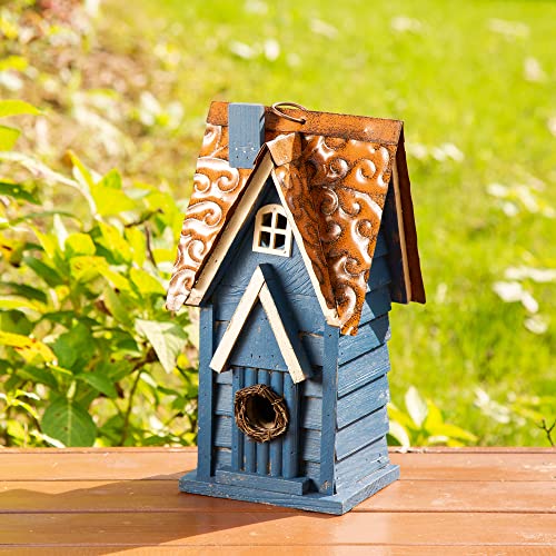 Glitzhome Vintage Hanging Birdhouse - Retro Blue Distressed Wooden Cottage Garden Bird House for Small Birds Garden/Patio Rustic Decor (12" H) by Glitzhome - Image 3