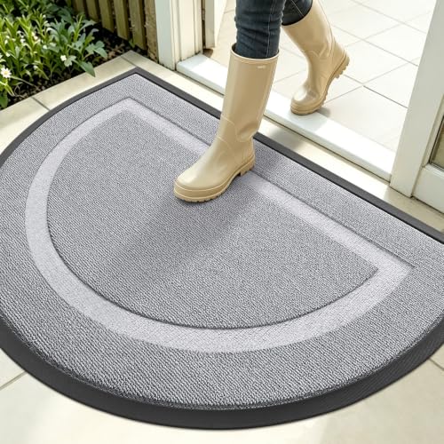 Image of OLANLY Half Circle Door Mat Indoor Outdoor Entrance Welcome, Waterproof All-Season, All-Weather Doormat, Sturdy Natural Rubber, Low Profile, Easy Clean Patio Porch Entryway Mat, 35x23, Silver Gray