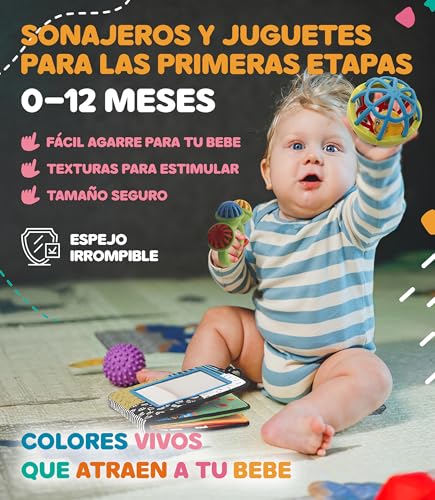 JUBETE Brinquedos bebés 0 6 meses – com guia educacional para estimulação precoce – presente ideal para bebé recém-nascido com chocalhos bebé 0 3 meses e brinquedos Montessori 0 6 meses