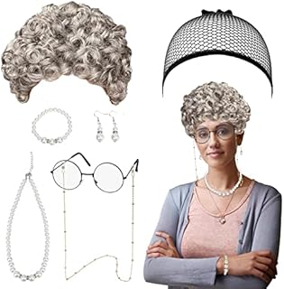 LOOPES Old Lady Cosplay Set Old Lady Fancy Dress With Granny Wig,Wig Cap,Fancy Dress Glasses&Pearl Accessories for Halloween Party Retro Stage Cosplay World Book Day Costume Accessories