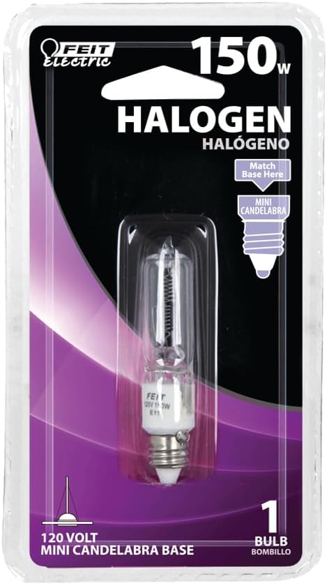 Feit Electric Halogen Light Bulb, 150W, E11 Mini Candelabra Base, 2200 Lumens, 3000K Warm White, Clear Finish, 2,000-Hour Life, Accent, Display, Appliance, Pool & Spa Lighting, BPQ150/CL/MC/RP