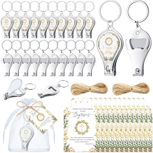 Image of Vesici 50 Sets Baptism Party Favors for Guests Bottle Opener Keychains with Nail Clippers Gift Cards for Christening Souvenirs
