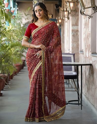 Image of SIRIL Women's Georgette Bandhani Printed Saree with Unstitched Blouse Piece