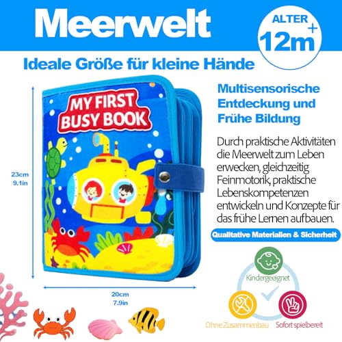 KOGMOW Busy Board Montessori Spielzeug ab 1 2 3 Jahre, 3D Meeres Thema Quiet Book für Frühe Bildung, Förderung Feinmotorik, Activity Board Reise Auto Flugzeug, Geschenk Jungen Mädchen
