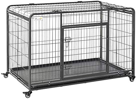 PawHut Folding Design Heavy Duty Metal Dog Cage Crate & Kennel with Removable Tray and Cover, & 4 Locking Wheels, Indoor/Outdoor 49"