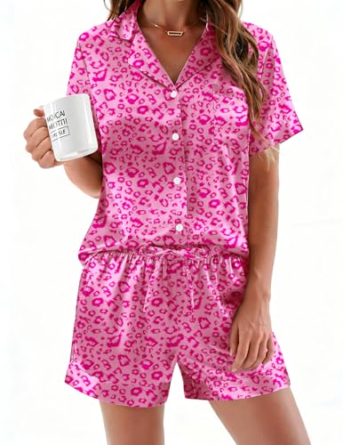 Image of Ekouaer Silk Pajamas for Women Button Down Sleepwear 2 Piece Pjs Shorts Set | Classic Short Sleeve Notch Neck Lounge Set with Pockets,Soft Cute Pj Set,Bridal Gifts,Pajama Party,Maternity Outfits