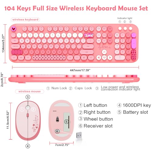 Image of Wireless Keyboard and Mouse,MOFII 104 Round Keys Lovely Full-Size Cute Colorful Keyboard and Mouse with Retro Typewriter for PC /Mac /Laptop /Tablet /Computer /Windows Pink