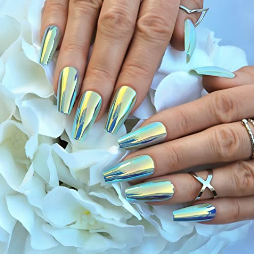 Hypnaughty 24 Pcs Chameleon Chrome Luxury Coffin Medium Long Press On Nails And Glue Reflective Mirror False Nails (Chameleon) #TOP3