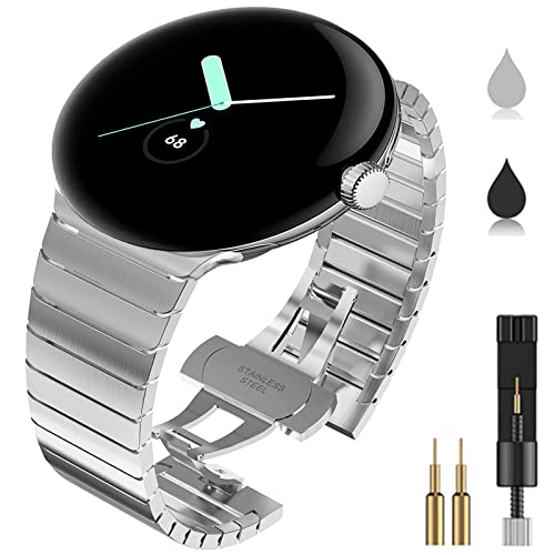 PSYSSKY Compatible for Google Pixel Watch Metal Band, Pixel Watch Band Stainless Steel, Ultra-Thin Slim Solid Metal with Butterfly Folding Buckle, Replacement Strap Band for Google Pixel Watch(Silver)