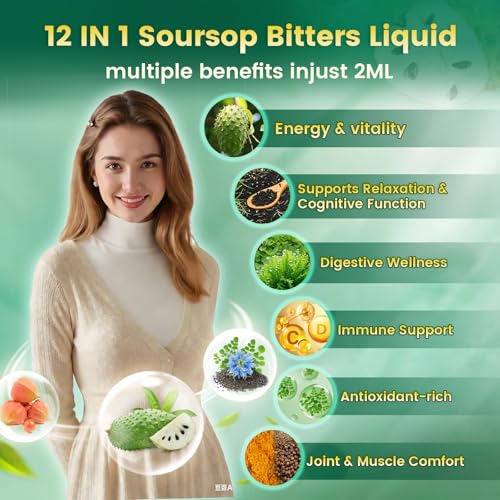 Image of VivoNu 10-in-1 Soursop Bitters Liquid Drops 3000mg, Soursop Drops with Ashwagandha* Black Seed Oil, Moringa, See Moss and Vitamins (2 Fl Oz (Bottle of 1))