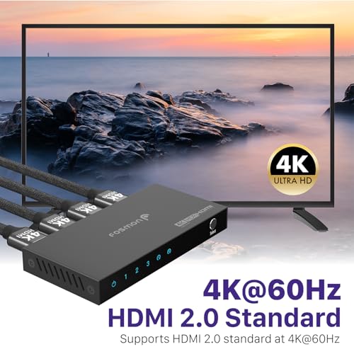 Image of Fosmon 3 in 1 Out 4K HDMI 2.0 Switch (4K@60Hz) with Remote 18Gbps Splitter | 3-Port 4K HDMI Switcher with remote supports High Speed 18Gbps HDR HDCP 2.2 auto-switching Splitter Hub for PS5 Xbox TV PC.