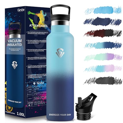 Grsta Botella Agua Acero Inoxidable - 1L - Botella Termica - Cantimplora Termica - Sin BPA - Botella agua Gimnasio para Deportiva, Gym, Escuela