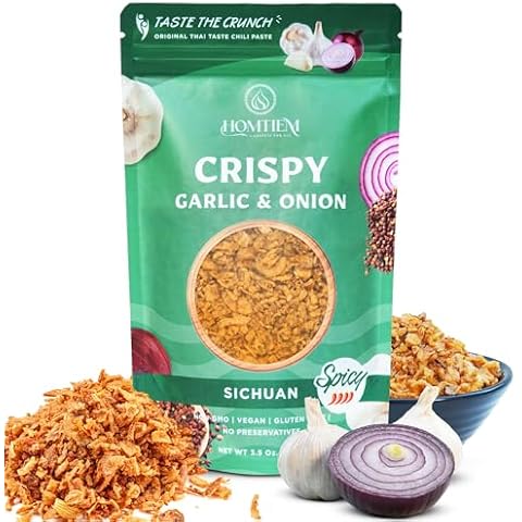 Homtiem Crispy Garlic & Onion : Sichuan 3.5 Oz., Versatile Seasoning, All-Natural, Non-GMO, Vegan & Gluten-Free, Ready-to-Use, Keto-Friendly, Low-Carb Cover