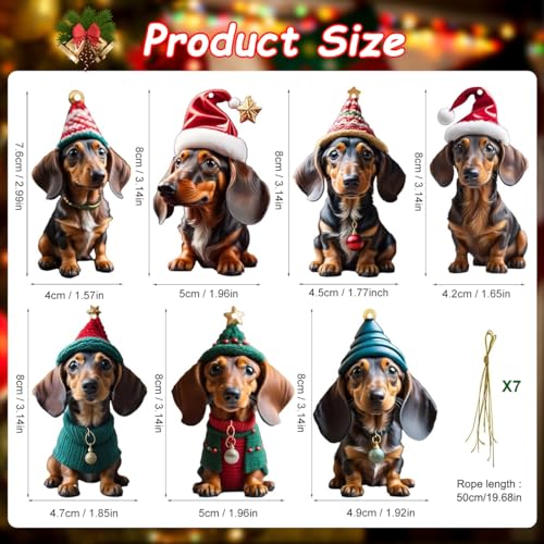 Dackel Weihnachtsbaumschmuck, 7 Stück 2D Dackel Weihnachtsbaum Ornament, Dackels Weihnachtsanhänger aus Acryl, Weihnachtsbaum Anhänger, Weihnachtsbaums Hängende Ornament, Dackels-Hund-Auto-Anhänger