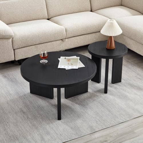 vutizal Table Basse Ronde Noire 80 cm, Design Moderne et Pieds rainurés – vue 9