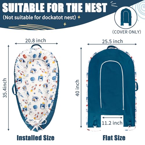 Image of Baby Lounger Cover for Boys Girls, Reversible Baby Nest Cover, Adjustable Baby Lounger Replaceable Cover for Infant Newborn, Portable and Machine Washable, Cotton Blue Rocket Cover Only