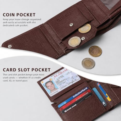 Image of VEMILIO Men's Vegan Leather Wallet for Men | Edge Cut Slim Bi-Fold Gents Purse | Stylish Wallet with Coin Pocket | 3 Card Slots | ID Window & 2 Currency Compartments (Brown)