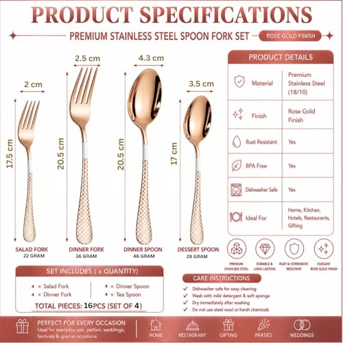 Image of Classic Rose Gold 16 Pcs Stainless Steel Cutlery Set for Dining Table, Dishwasher Safe Glossy Flatware (Perfect Spoon Fork Set)