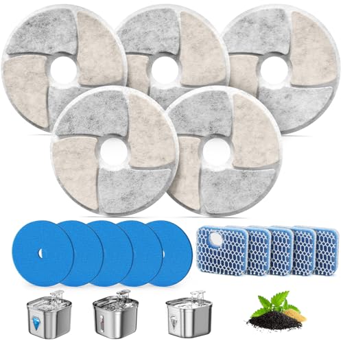 Cat Pet Water Fountain Filters, 5 Pack Replacement Filters Fit for Square 2.2L/73oz Automatic Pet Fountain, Diameter 4.1 Inch Filter with Triple Filtration System (5+5+5)