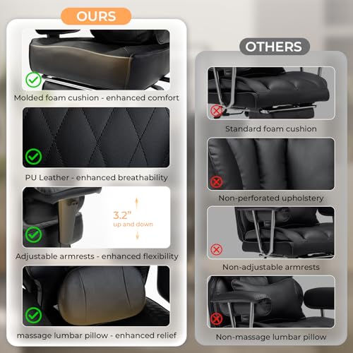 Image of Dowinx Big and Tall Office Chair 400 Lbs with Rotating Massage Lumbar Support, Wide Thick Seat Cushion and Adjustable Armrest,Computer Gaming Chairs with Footrest,Black