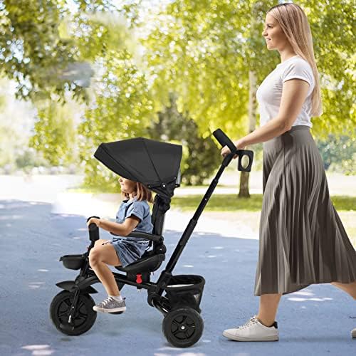 Maxmass 6-in-1 Baby Trike, Folding Kids Tricycle with 360 Degree Swivel Seat, Removable Canopy, Rear Brake, Safety Belts and Parent Handle, Double Brake Toddler Stroller for 12-50 Months (Black)