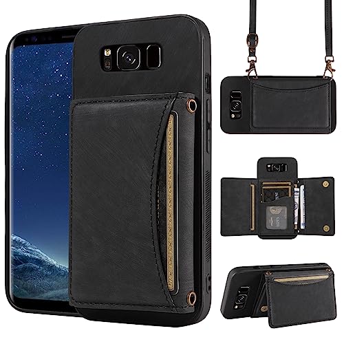 Phone Case For Samsung Galaxy S8 Active Wallet Cover with Crossbody Shoulder Strap and Leather Credit Card Holder Pocket Slim Stand Cell Accessories S8Active 8s S 8 8Active G892A Women Girls Black