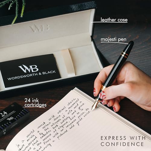 Image of Wordsworth & Black Majesti Luxury Fountain Pen Set for Writing, Medium Nib | Black, Gift for Men Women, Gold Finish, 18K German Iridium, Calligraphy, Converter + 24 Ink Cartridges, Refillable