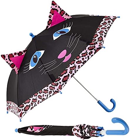 ShedRain Riley Cat Kids Umbrella for Girls & Boys - Pinch-Proof, Easy Grip Handle - Compact Children's School & Travel Umbrella with Large 38" Dome, Heavy Duty Steel Shaft & Fiberglass Ribs