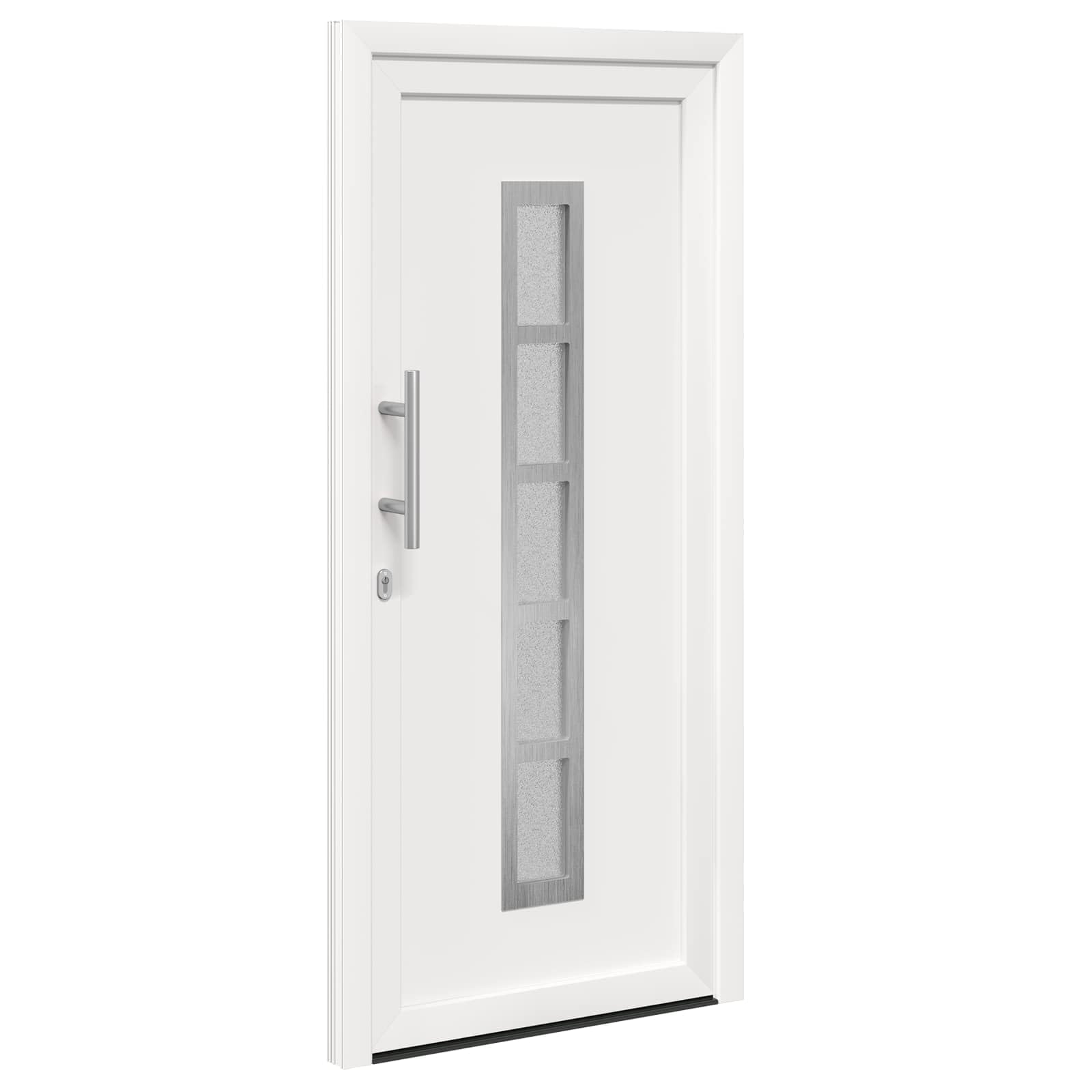 Drzwi wejściowe białe PCW 98 x 208 cm, drzwi zewnętrzne z wkładką szklaną, drzwi wejściowe z zamkiem i blokadą do izolacji cieplnej i wygłuszania w mieszkaniu