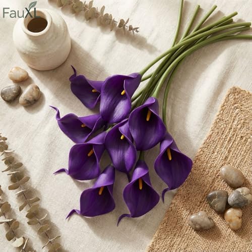 Image of 10 Pcs Artificial Calla Lily Flowers Bunch for Vase and Flower Pots- Premium Real-Look Faux Lily Stems for Home Decor, Living Room, Bedroom, Office Decoration (Vase not Included) (Purple)